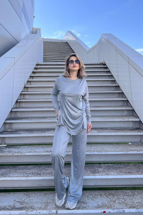 BLOUSE+WIDE LEG SWEATPANTS ONE COLOR WOMEN SET IN GREY COLOR 