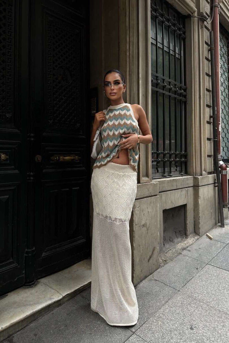 TANK TOP+SKIRT KNITTED WOMEN SET CREAM/KREM - 1