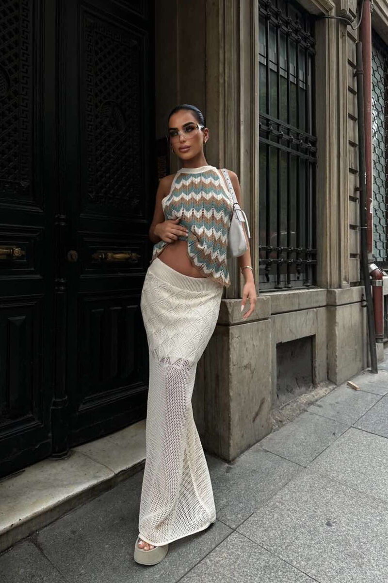 TANK TOP+SKIRT KNITTED WOMEN SET CREAM/KREM - 2