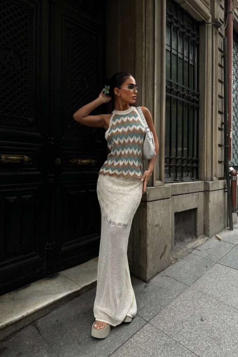 TANK TOP+SKIRT KNITTED WOMEN SET CREAM/KREM - 6