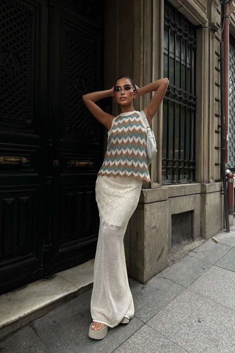TANK TOP+SKIRT KNITTED WOMEN SET CREAM/KREM - 7