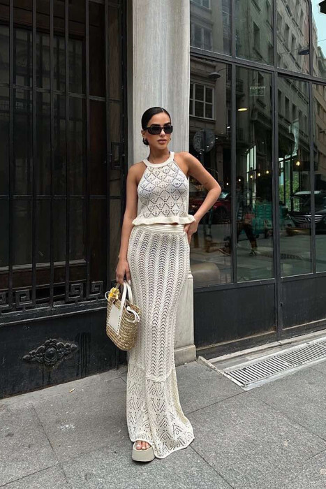 TANK TOP+SKIRT ONE COLOR KNITTED WOMEN SET CREAM/KREM 