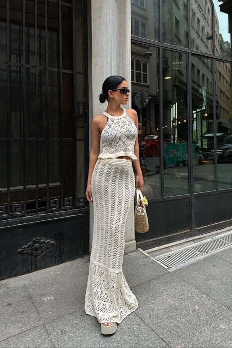 TANK TOP+SKIRT ONE COLOR KNITTED WOMEN SET CREAM/KREM - 3