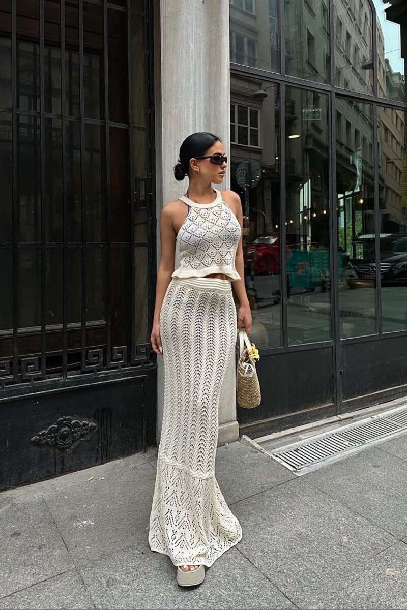 TANK TOP+SKIRT ONE COLOR KNITTED WOMEN SET CREAM/KREM - 3