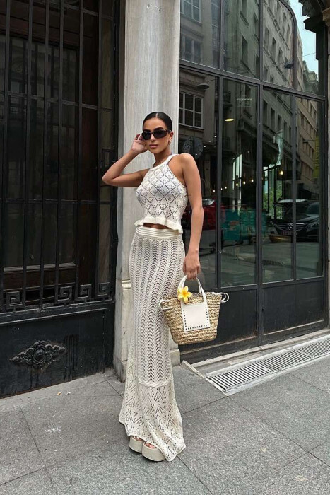 TANK TOP+SKIRT ONE COLOR KNITTED WOMEN SET CREAM/KREM - 4