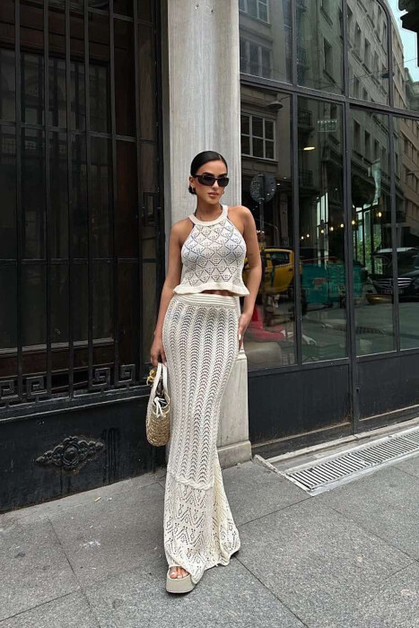 TANK TOP+SKIRT ONE COLOR KNITTED WOMEN SET CREAM/KREM - 5