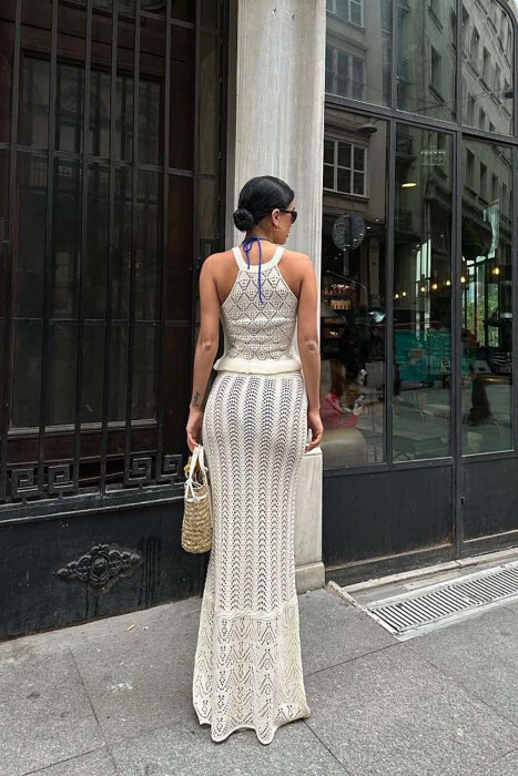 TANK TOP+SKIRT ONE COLOR KNITTED WOMEN SET CREAM/KREM - 6