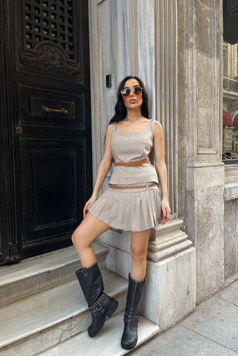 TANK TOP+SKORT BELT DETAILS WOMEN SET BEIGE/BEZHE 