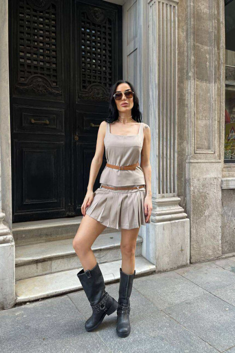 TANK TOP+SKORT BELT DETAILS WOMEN SET BEIGE/BEZHE - 2