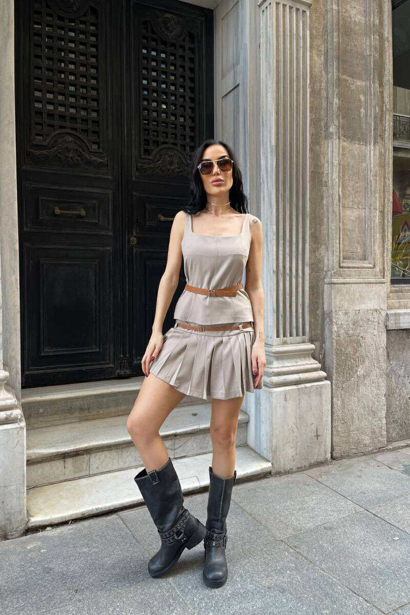 TANK TOP+SKORT BELT DETAILS WOMEN SET BEIGE/BEZHE - 2