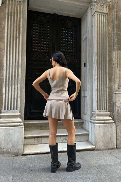 TANK TOP+SKORT BELT DETAILS WOMEN SET BEIGE/BEZHE - 3