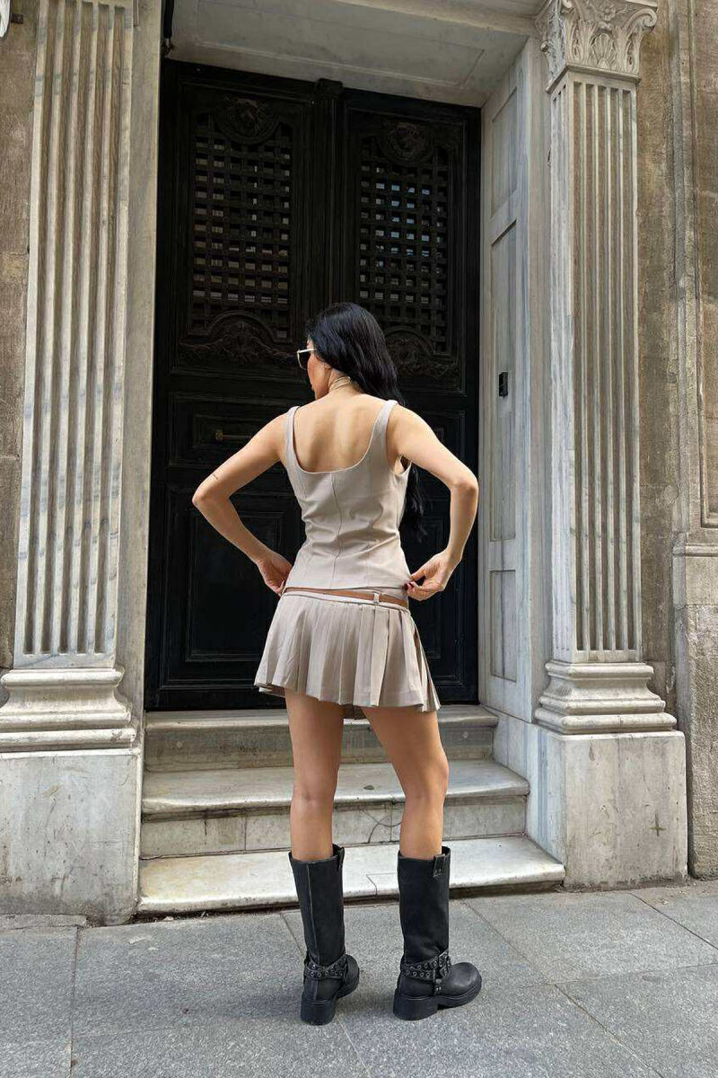 TANK TOP+SKORT BELT DETAILS WOMEN SET BEIGE/BEZHE - 3