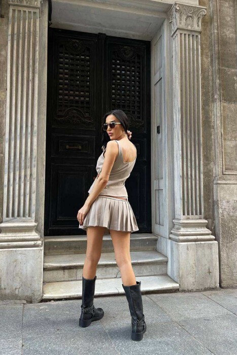 TANK TOP+SKORT BELT DETAILS WOMEN SET BEIGE/BEZHE - 4