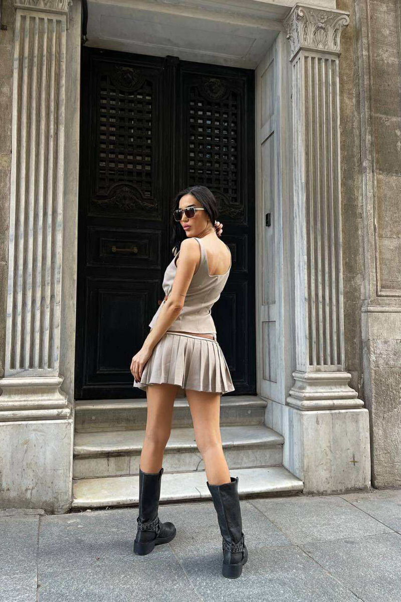 TANK TOP+SKORT BELT DETAILS WOMEN SET BEIGE/BEZHE - 4