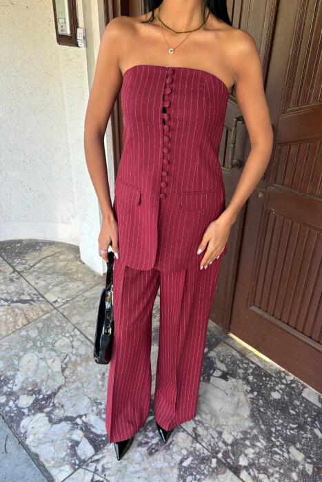 TANK TOP+TROUSERS BUTTONES STRIPED WOMEN SET BURGUNDY/VISHNJE - 2