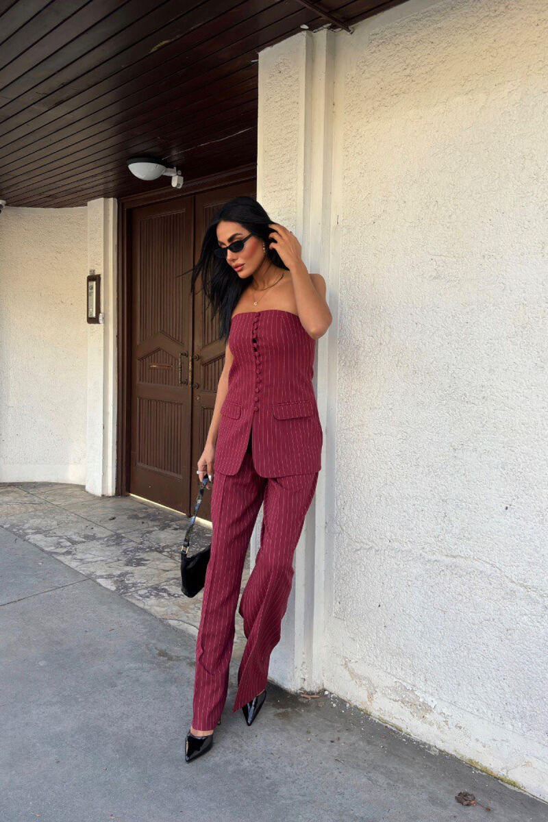 TANK TOP+TROUSERS BUTTONES STRIPED WOMEN SET BURGUNDY/VISHNJE - 3