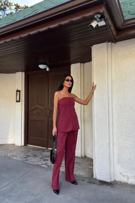 TANK TOP+TROUSERS BUTTONES STRIPED WOMEN SET BURGUNDY/VISHNJE - 4