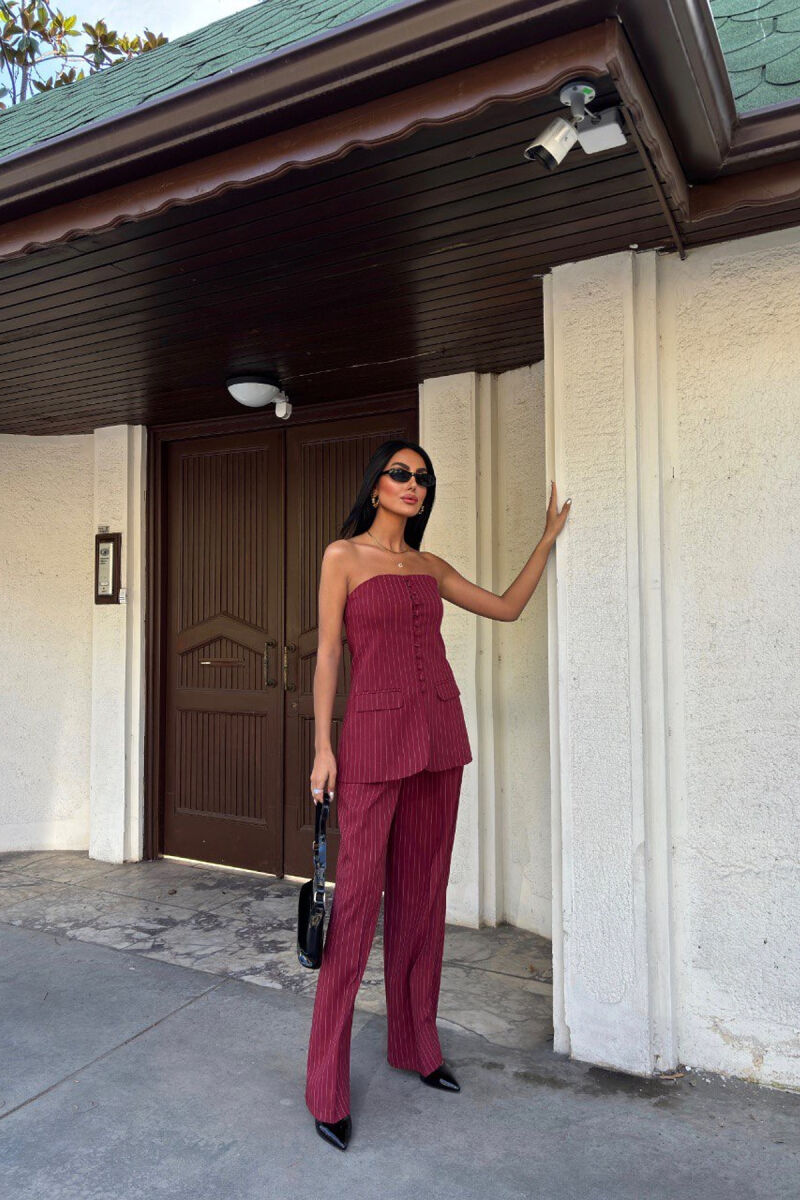 TANK TOP+TROUSERS BUTTONES STRIPED WOMEN SET BURGUNDY/VISHNJE - 4
