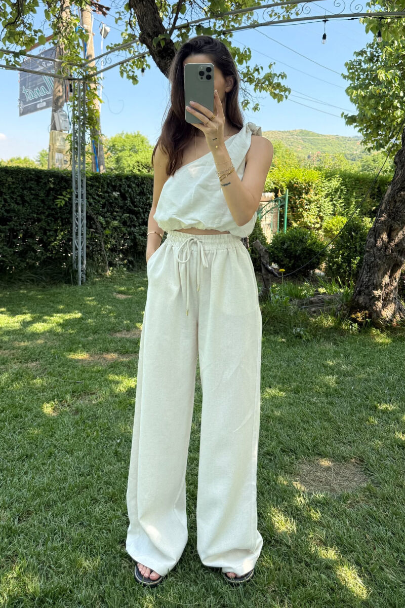 TANK TOP+TROUSERS ELASTIC SIMPLE WOMEN SET CREAM/KREM - 2