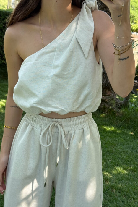 TANK TOP+TROUSERS ELASTIC SIMPLE WOMEN SET CREAM/KREM - 3