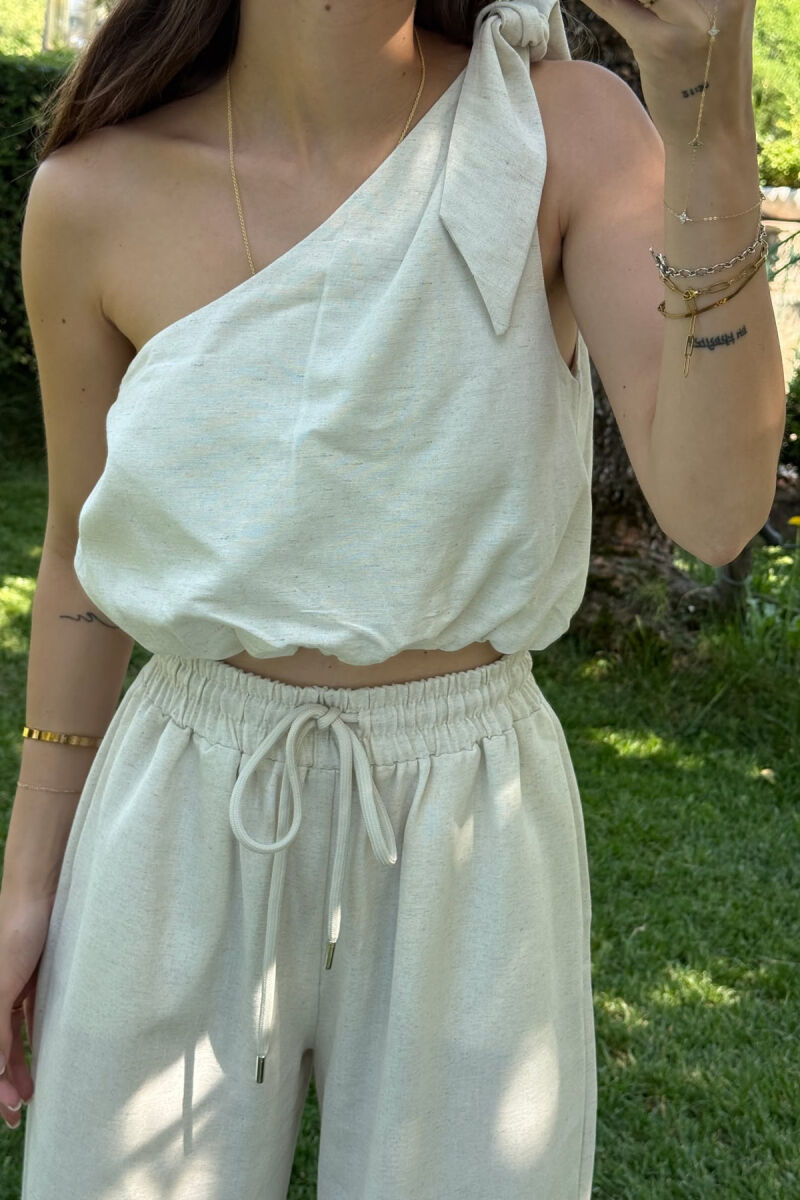 TANK TOP+TROUSERS ELASTIC SIMPLE WOMEN SET CREAM/KREM - 3