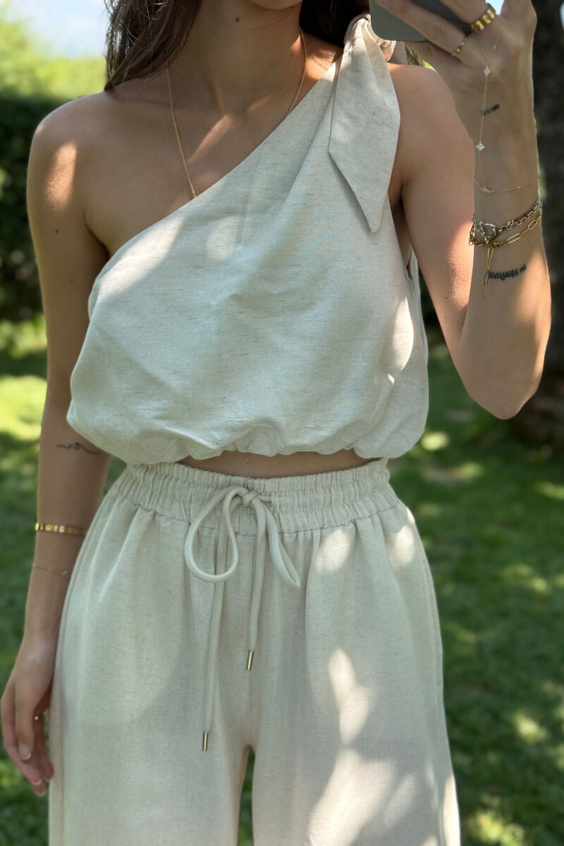 TANK TOP+TROUSERS ELASTIC SIMPLE WOMEN SET CREAM/KREM - 4