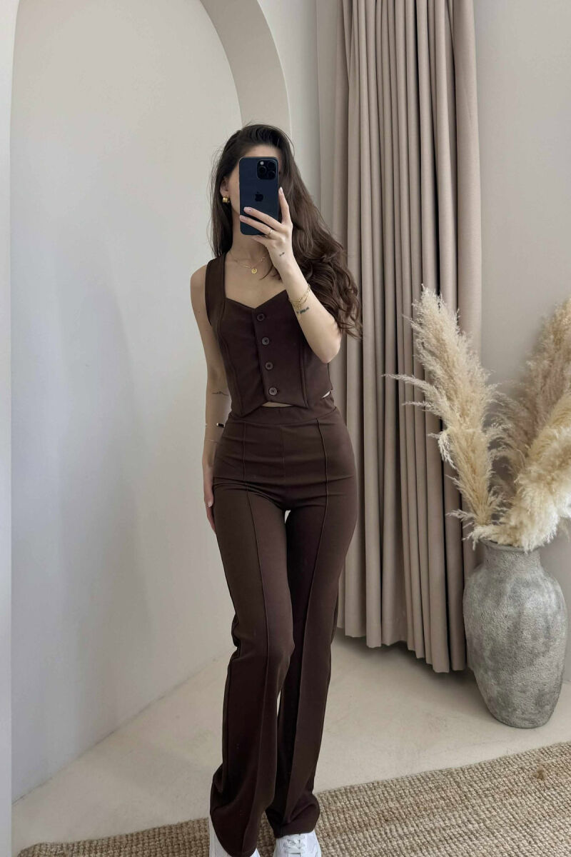 TANK TOP+TROUSERS ONE COLOR BUTTONS WOMEN SET BROWN/KAFE - 1