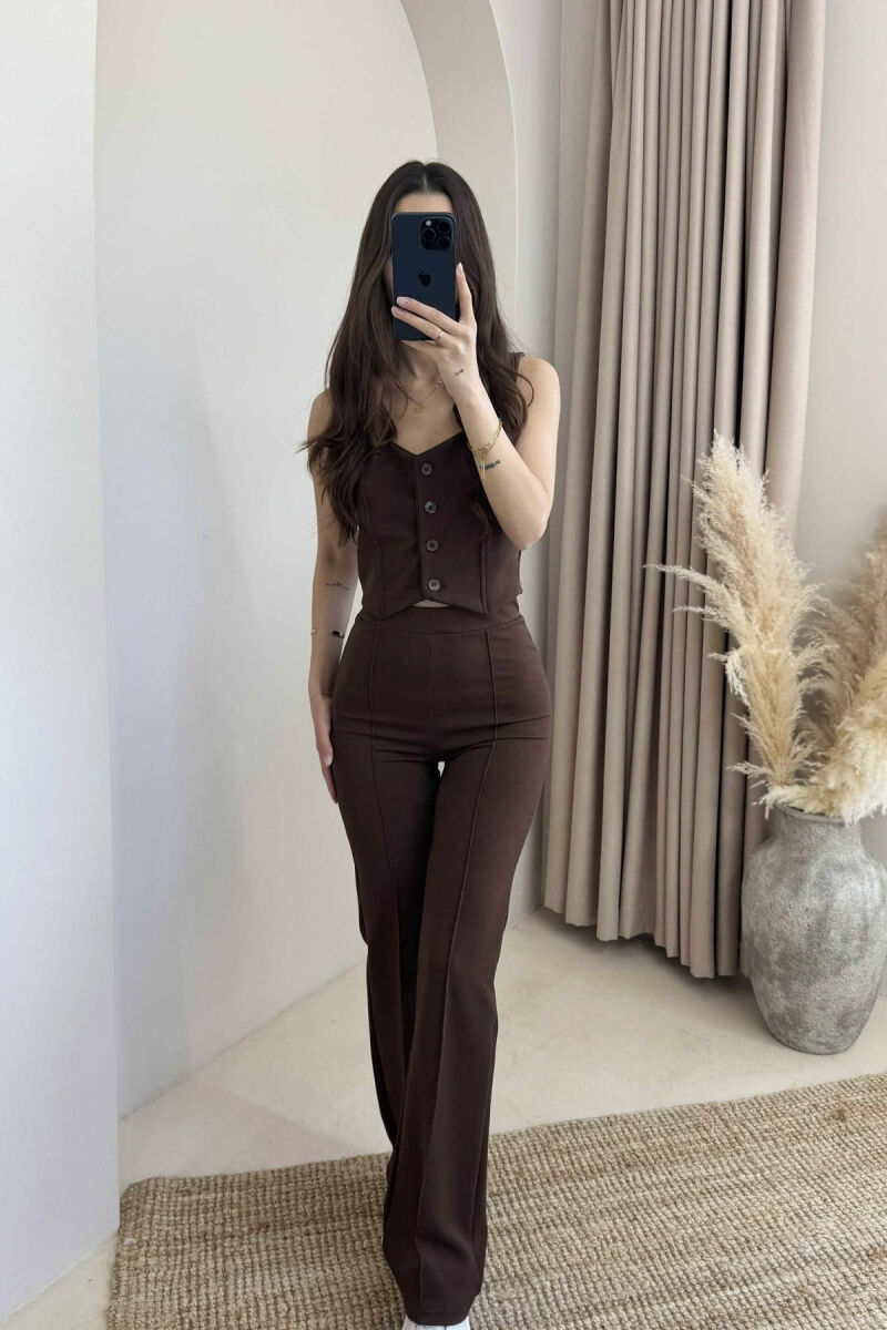 TANK TOP+TROUSERS ONE COLOR BUTTONS WOMEN SET BROWN/KAFE - 2