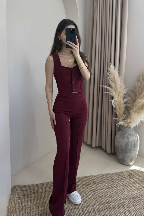 TANK TOP+TROUSERS ONE COLOR BUTTONS WOMEN SET BURGUNDY/VISHNJE 