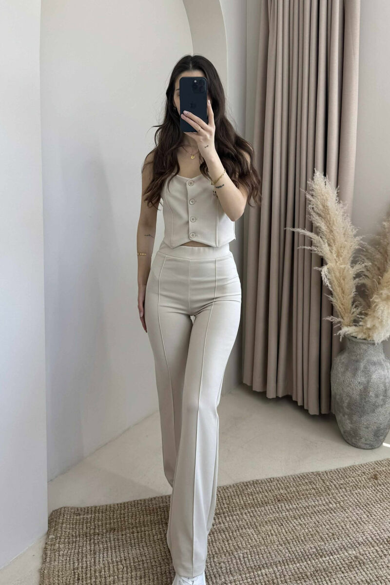 TANK TOP+TROUSERS ONE COLOR BUTTONS WOMEN SET CREAM/KREM - 1