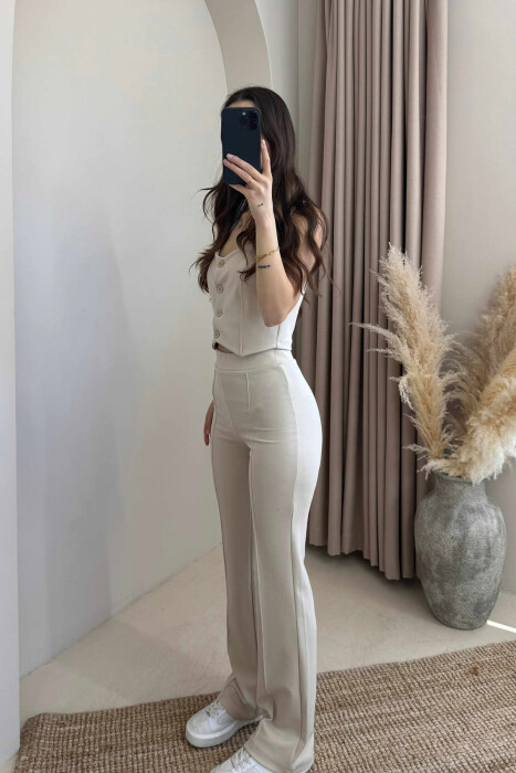 TANK TOP+TROUSERS ONE COLOR BUTTONS WOMEN SET CREAM/KREM - 2