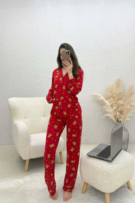 TEDDY BEAR DESIGN SHIRT+TROUSERS WOMEN PYJAMAS RED/E KUQE - KLAUDIO FASHION