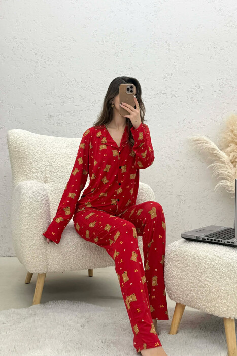 TEDDY BEAR DESIGN SHIRT+TROUSERS WOMEN PYJAMAS RED/E KUQE - 2