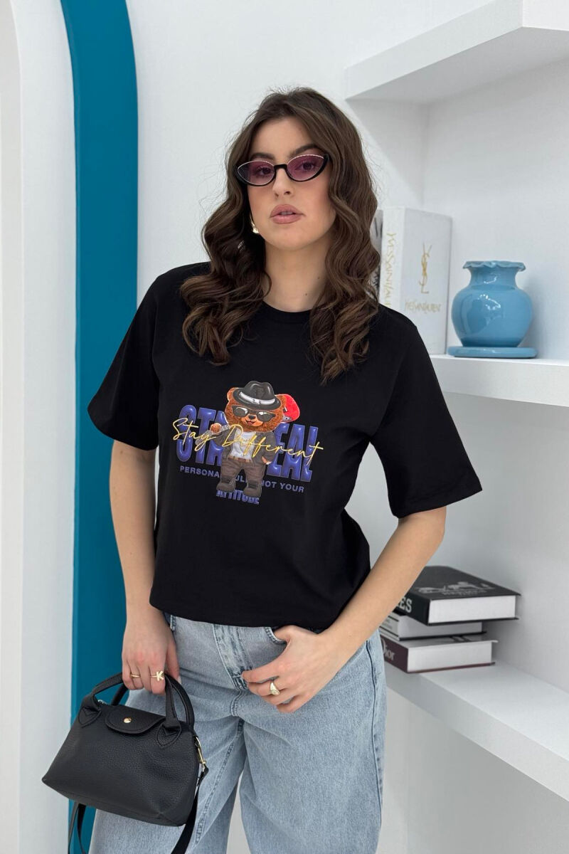 TEDDY BEAR DESIGN WOMEN T-SHIRT BLACK/ E ZEZE - 1
