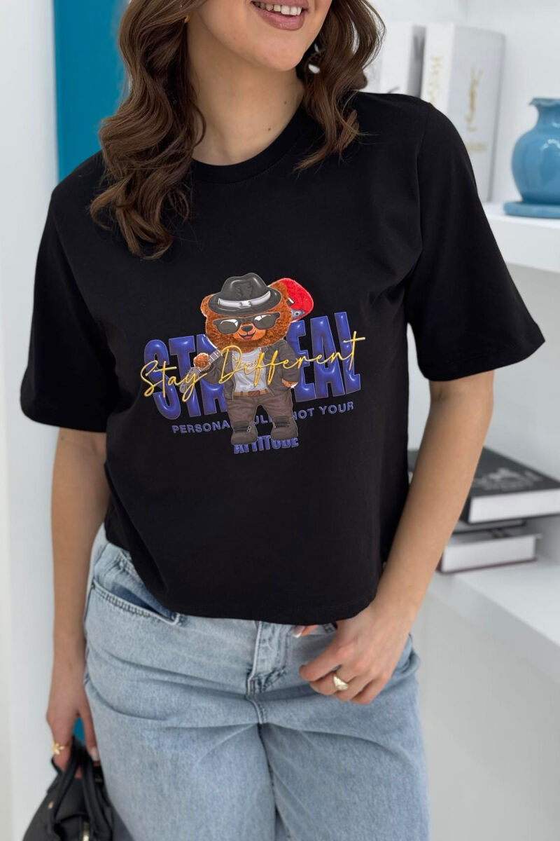 TEDDY BEAR DESIGN WOMEN T-SHIRT BLACK/ E ZEZE - 3