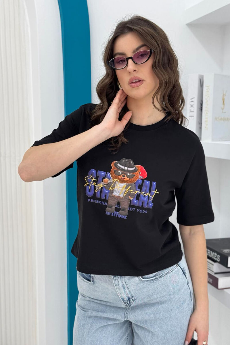 TEDDY BEAR DESIGN WOMEN T-SHIRT BLACK/ E ZEZE - 4