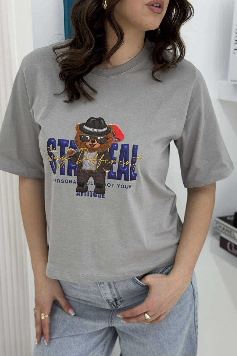 TEDDY BEAR DESIGN WOMEN T-SHIRT GREY/GRI - 3