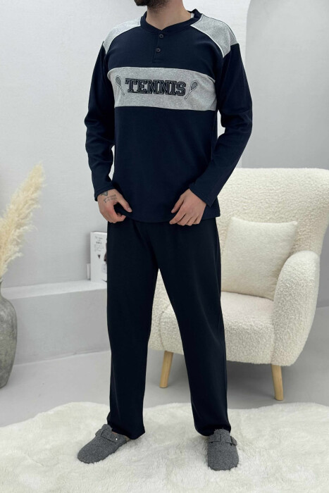 TENNIS FRONT WRITTING SWEATSHIRT+SWEATPANTS MEN PYJAMAS DARK BLUE/BEE - KLAUDIO FASHION