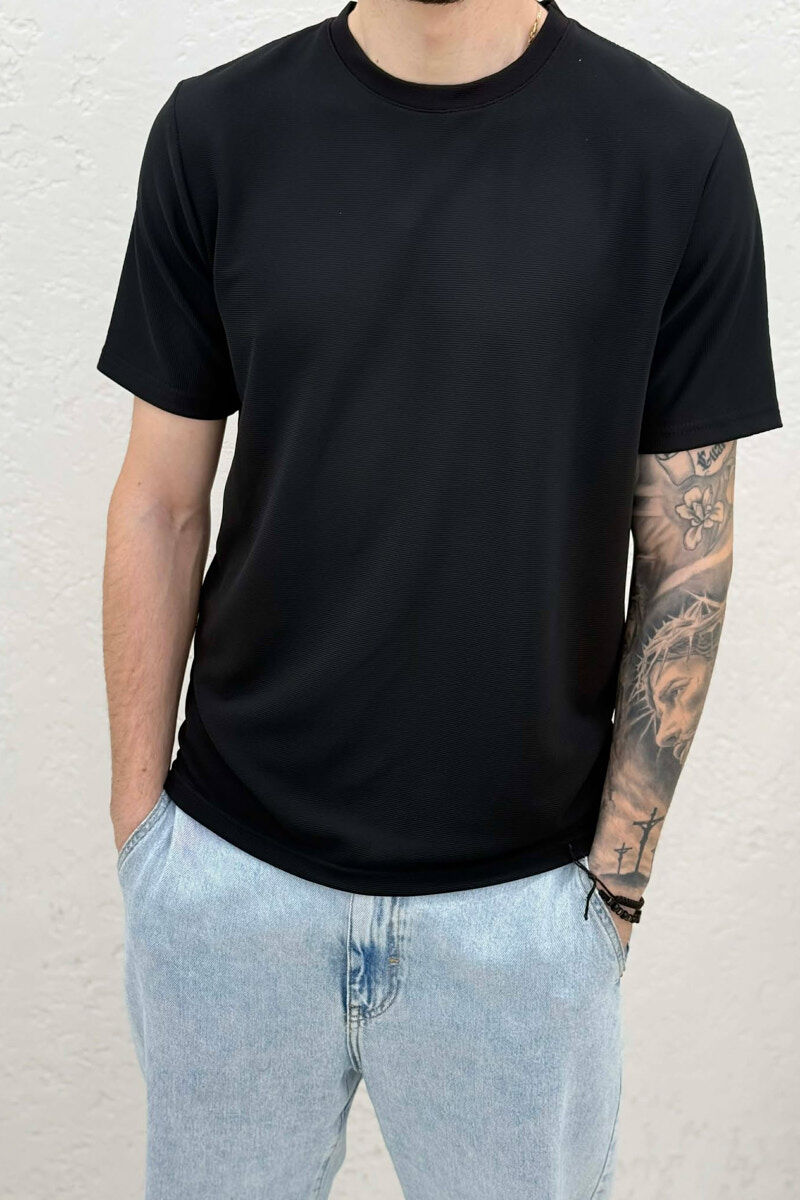 TEXTURED ONE COLOR MEN T-SHIRT BLACK/ E ZEZE - 3