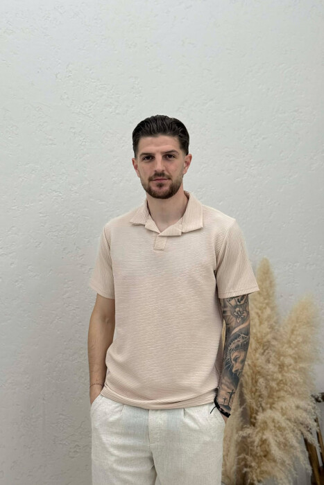 TEXTURED POLO NECK MEN T-SHIRT BEIGE/BEZHE - KLAUDIO FASHION