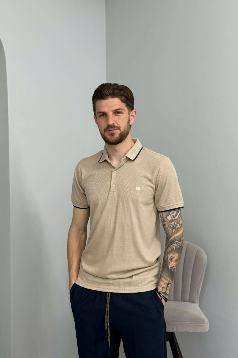 TEXTURED POLO NECK MEN T SHIRT BEIGE/BEZHE - 1