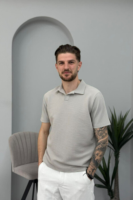 TEXTURED POLO NECK MEN T-SHIRT LIGHT GREY/GZ 