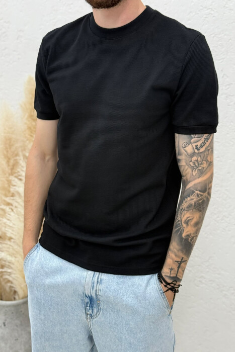 TEXTURED ROUND NECK MEN T-SHIRT BLACK/ E ZEZE - 4