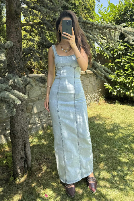 THICK STRAPS LONG DENIM WOMEN DRESS LIGHTBLUE/BZ - 6