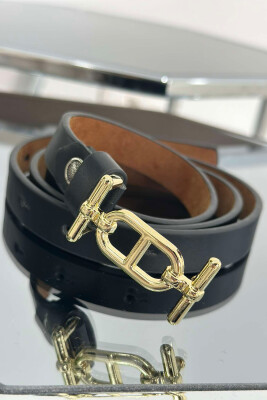 THIN LEATHER SPECIAL BUCKLE DESIGN WOMEN BELT BLACK+GOLD/ZEGO 