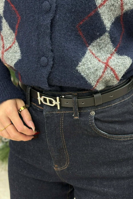 THIN LEATHER SPECIAL BUCKLE DESIGN WOMEN BELT BLACK+SILVER/ZEZE+ARGJEND - 1