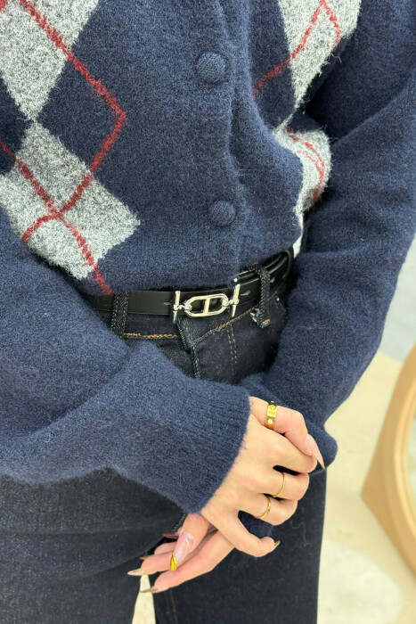 THIN LEATHER SPECIAL BUCKLE DESIGN WOMEN BELT BLACK+SILVER/ZEZE+ARGJEND - 2