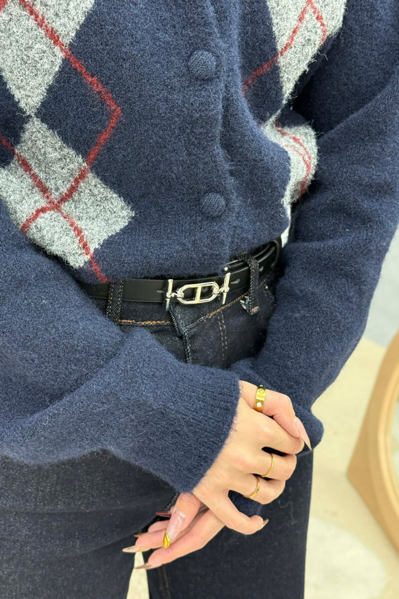 THIN LEATHER SPECIAL BUCKLE DESIGN WOMEN BELT BLACK+SILVER/ZEZE+ARGJEND - 2