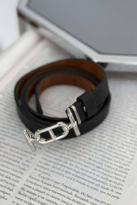 THIN LEATHER SPECIAL BUCKLE DESIGN WOMEN BELT BLACK+SILVER/ZEZE+ARGJEND - 2