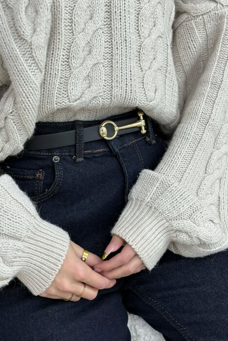 THIN LEATHER WOMEN BELT BLACK+GOLD/ZEGO - 1